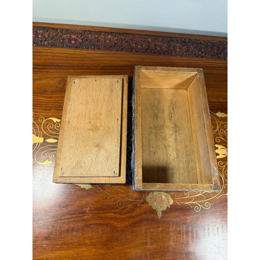 Antique‎ Art Nouveau Pewter Box • Repoussé Jewelry Casket w/ Blue Glass Cabochon